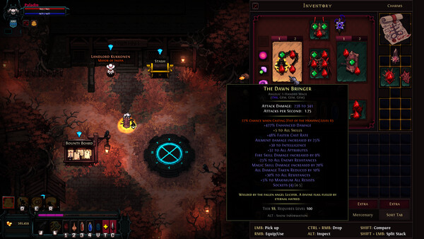 Hero Siege inventory open with a detailed item tooltip for comparing rolls